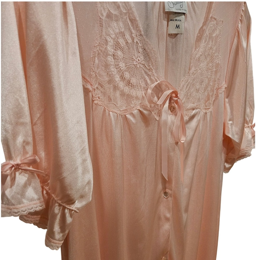 Vintage Samye Robe Lingerie Pink Lace Trim Bow Accent‎ M Medium Nightgown - Picture 5 of 6